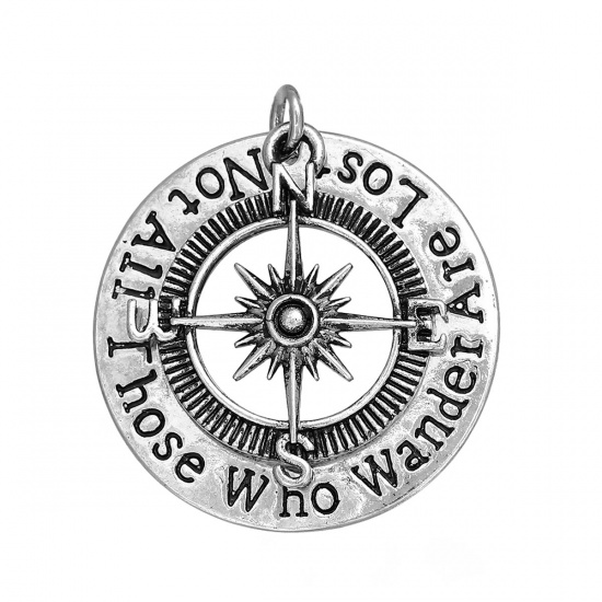 Picture of Copper Pendants Compass Antique Silver Message Message " Not All Those Who Wander Are Lost " 31mm(1 2/8") x 28mm(1 1/8"), 20 PCs
