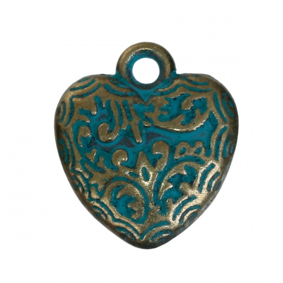 Picture of Zinc Based Alloy Patina Charms Heart Antique Bronze Carved 17mm( 5/8") x 15mm( 5/8"), 10 PCs