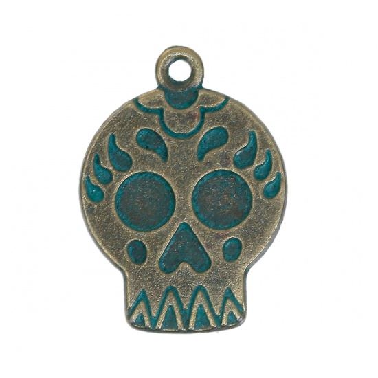 Picture of Zinc Based Alloy Patina Charms Skull Antique Bronze 22mm( 7/8") x 16mm( 5/8"), 20 PCs