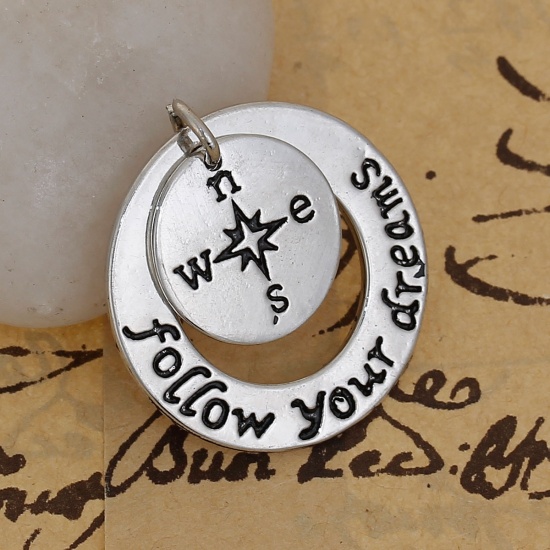 Picture of Copper Charms Travel Compass Antique Silver Message " Follow Your Dreams " 28mm(1 1/8") x 25mm(1"), 1 Piece