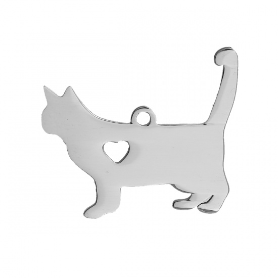 Picture of 304 Stainless Steel Pet Silhouette Charms Cat Animal Silver Tone The Cat Has My Heart 29mm(1 1/8") x 25mm(1"), 2 PCs