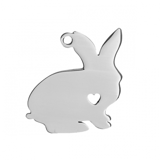 Picture of 304 Stainless Steel Easter Pet Silhouette Charms Rabbit Animal Silver Tone The Rabbit Has My Heart 25mm(1") x 23mm( 7/8"), 2 PCs