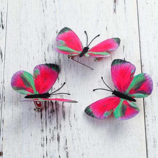 Picture of Fabric Pin Brooches Ethereal Butterfly Silver Tone Fuchsia 60mm(2 3/8") x 55mm(2 1/8"), 1 Piece