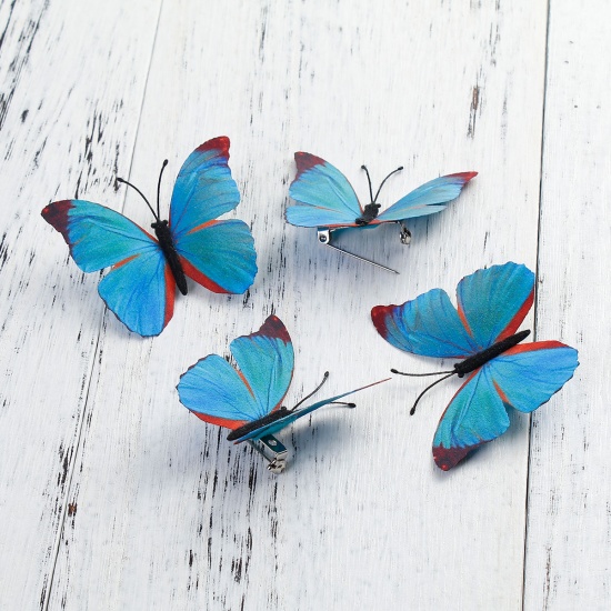 Picture of Fabric Pin Brooches Ethereal Butterfly Silver Tone Blue 60mm(2 3/8") x 50mm(2"), 1 Piece