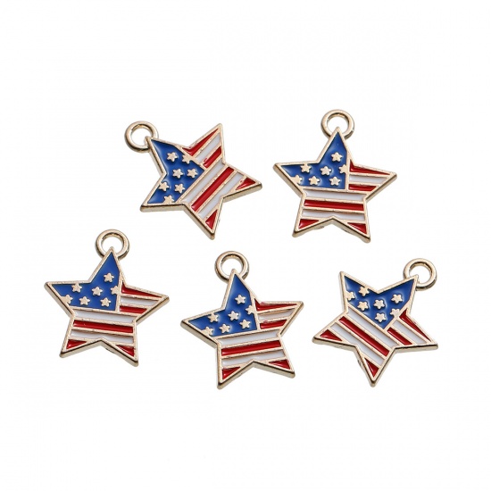 Picture of Zinc Based Alloy Charms Pentagram Star Gold Plated Flag of the United States Multicolor Enamel 19mm( 6/8") x 16mm( 5/8"), 5 PCs