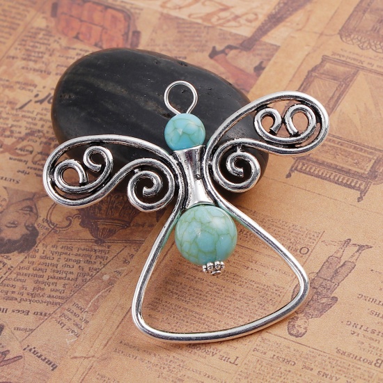 Picture of Zinc Based Alloy Boho Chic Pendants Angel Antique Silver Color Blue Butterfly Imitation Turquoise 56mm(2 2/8") x 51mm(2"), 1 Piece