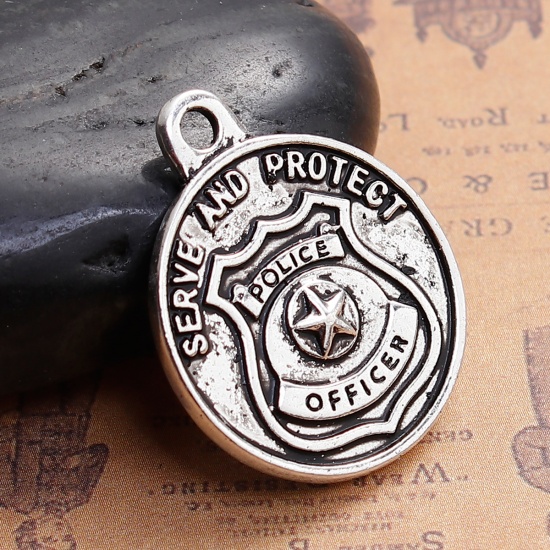 Picture of Zinc Based Alloy Pendants Round Antique Silver Saint Michael Message " SERVE AND PROTECT " 30mm(1 1/8") x 24mm(1"), 5 PCs