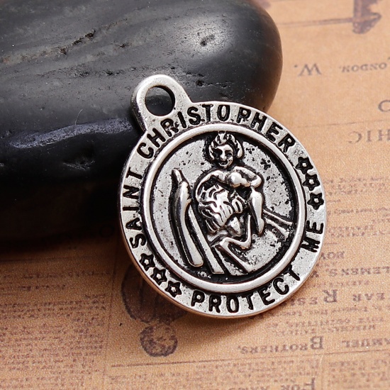 Picture of Zinc Based Alloy Charms Round Antique Silver Saint Christopher Message " PROTECT ME " 29mm(1 1/8") x 24mm(1"), 5 PCs