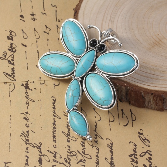 Picture of Zinc Based Alloy Boho Chic Pendants Dragonfly Animal Antique Silver Color Blue Imitation Turquoise 87mm(3 3/8") x 72mm(2 7/8"), 1 Piece