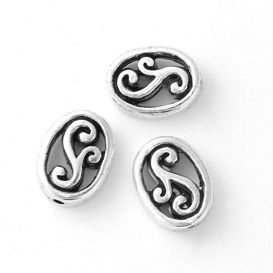 Picture of Zinc Based Alloy Spacer Beads Oval Antique Silver Hollow 13mm x 10mm, Hole: Approx 1.7mm, 10 PCs