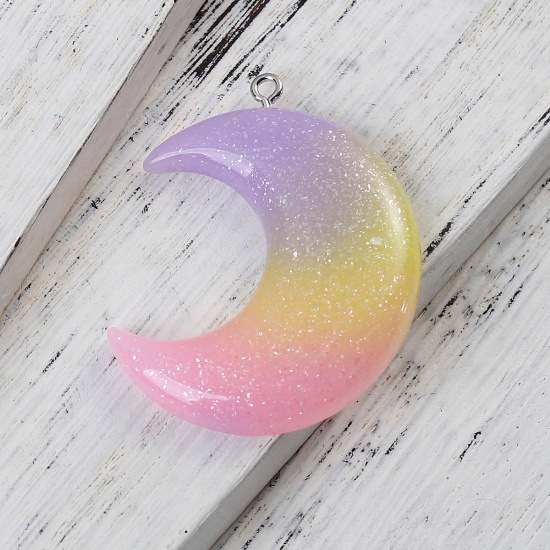 Image de Pendentif en Résine Demi Lune Brillant Multicolore 44mm x 35mm, 5 Pcs