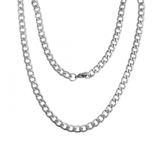 Picture of Stainless Steel Link Curb Chain Necklace Silver Tone 55cm(21 5/8") long, Chain Size: 10x7mm(3/8"x2/8"), 1 Piece