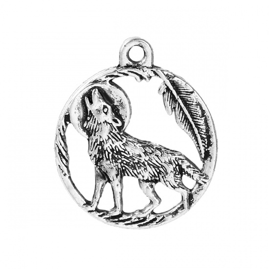 Picture of Zinc Based Alloy Charms Wolf Antique Silver Round 25mm(1") x 21mm( 7/8"), 20 PCs