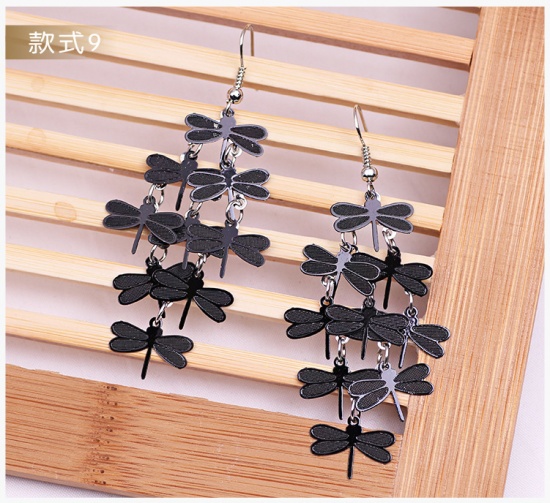 Picture of Copper Earrings Black Dragonfly Animal 74mm x 32mm, Post/ Wire Size: (21 gauge), 1 Pair
