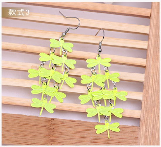 Picture of Copper Earrings Neon Yellow Dragonfly Animal 74mm x 32mm, Post/ Wire Size: (21 gauge), 1 Pair