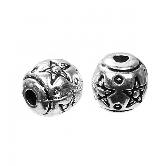 Picture of Zinc Based Alloy Spacer Beads Round Antique Silver Star About 6mm Dia, Hole: Approx 1.1mm, 100 PCs