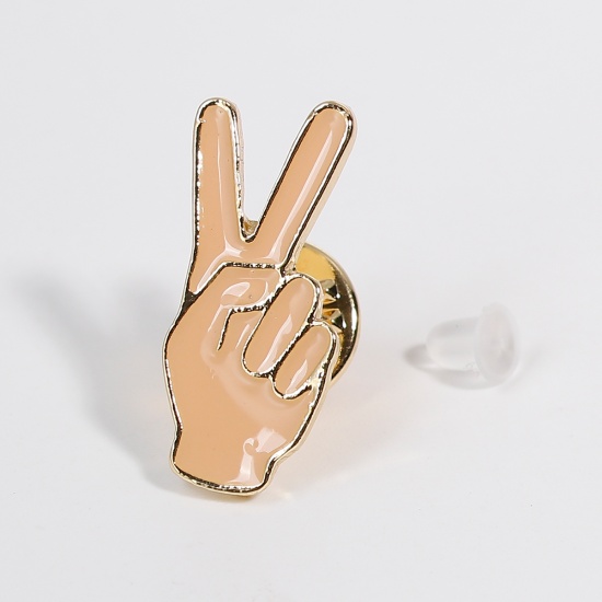 Picture of Tie Tac Lapel Pin Brooches Hand Gesture Gold Plated Beige Enamel 24mm(1") x 11mm( 3/8"), 1 Piece