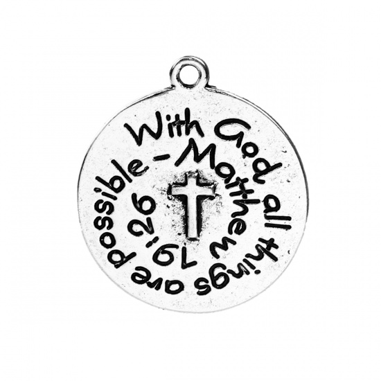 Picture of Zinc Based Alloy Boho Chic Pendants Round Antique Silver Color Message 33mm(1 2/8") x 29mm(1 1/8"), 5 PCs