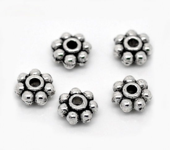 Bild von Zinklegierung Spacer Perlen Zwischenperlen Antiksilber Schneeflocke Blumen ca. 5mm x 5mm, Loch:ca. 1.4mm, 400 Stück
