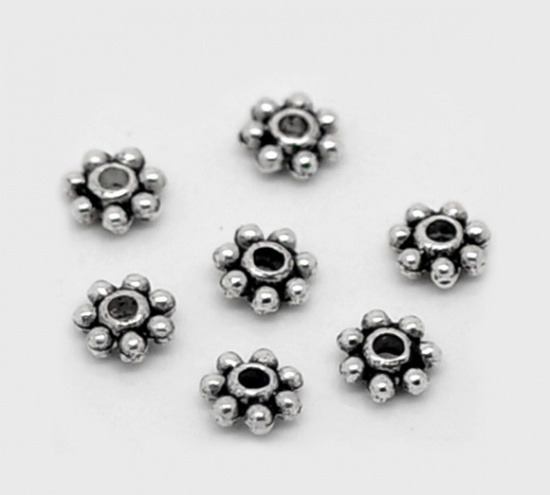 Imagen de Cuentas Espaciador Zamak Flor de la margarita,Plata Antigua 4mm x 4mm, Agujero: acerca de 1.3mm, 1000 Unidades