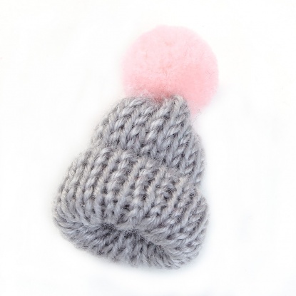 Picture of Wool Pin Brooches Knitted Hat Gray W/ Pink Pom Pom Ball 53mm(2 1/8") x 31mm(1 2/8"), 1 Piece