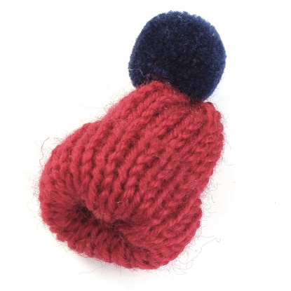 Picture of Wool Pin Brooches Knitted Hat Wine Red W/ Navy Blue Pom Pom Ball 53mm(2 1/8") x 31mm(1 2/8"), 1 Piece