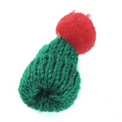 Picture of Wool Pin Brooches Knitted Hat Green W/ Red Pom Pom Ball 53mm(2 1/8") x 31mm(1 2/8"), 1 Piece