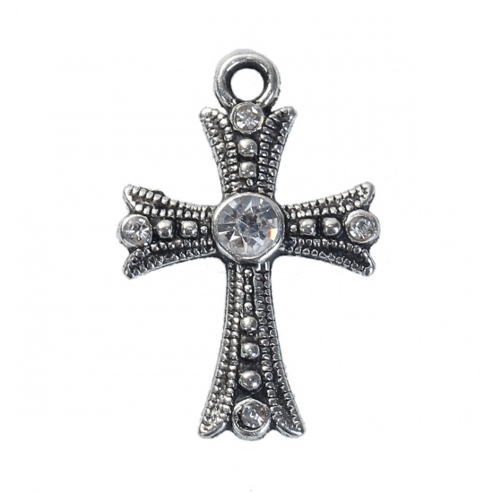 Picture of Zinc Based Alloy Easter Charms Cross Antique Silver Clear Rhinestone 26mm(1") x 17mm( 5/8"), 10 PCs