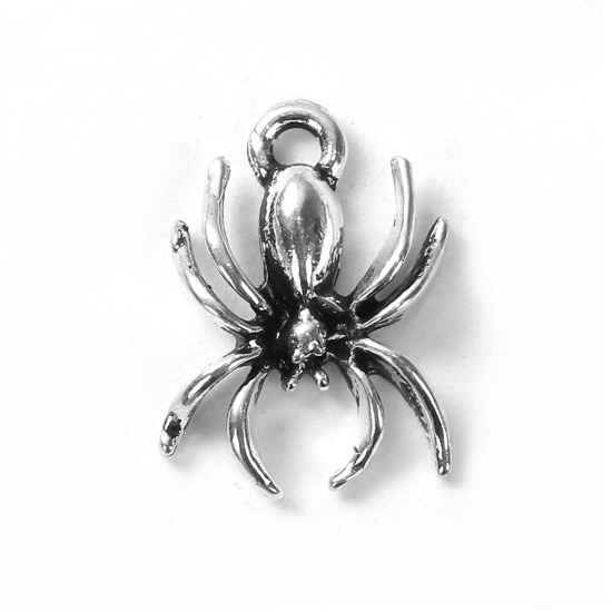 Picture of Zinc Based Alloy (Lead & Nickel Safe) Charms Halloween Spider Animal Antique Silver 18mm( 6/8") x 13mm( 4/8"), 30 PCs