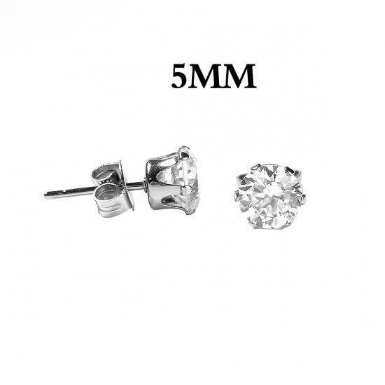 Picture of 304 Stainless Steel & Cubic Zirconia Ear Post Stud Earrings Silver Tone Transparent Clear Round 6mm( 2/8") x 5mm( 2/8"), Post/ Wire Size: (20 gauge), 1 Pair
