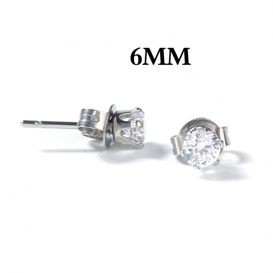 Picture of 304 Stainless Steel & Cubic Zirconia Ear Post Stud Earrings Silver Tone Transparent Clear Round 7mm( 2/8") x 6mm( 2/8"), Post/ Wire Size: (20 gauge), 1 Pair