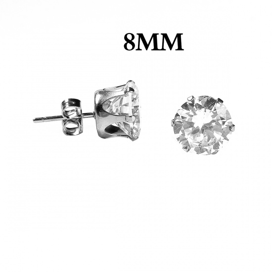 Picture of 304 Stainless Steel & Cubic Zirconia Ear Post Stud Earrings Silver Tone Transparent Clear Round 9mm( 3/8") x 8mm( 3/8"), Post/ Wire Size: (20 gauge), 1 Pair