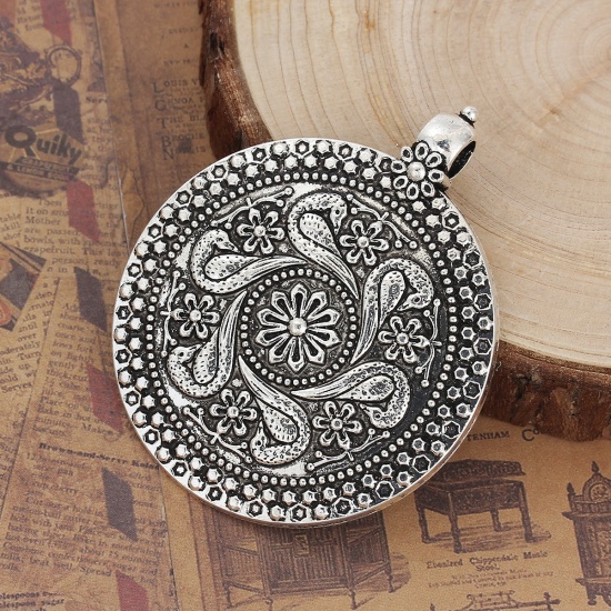 Picture of Zinc Based Alloy Boho Chic Pendants Round Antique Silver Color Carved 71mm(2 6/8") x 59mm(2 3/8"), 2 PCs
