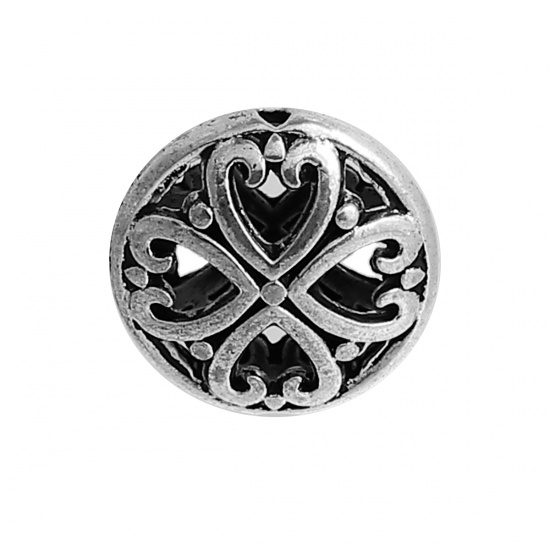 Picture of Zinc Based Alloy Spacer Beads Round Antique Silver Heart Hollow About 16mm Dia, Hole: Approx 1.2mm, 10 PCs
