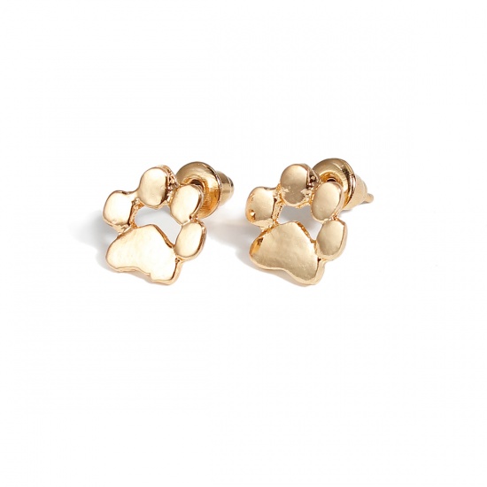 Picture of Ear Post Stud Earrings Gold Plated Bear's Paw Heart 10mm( 3/8") x 10mm( 3/8"), Post/ Wire Size: (21 gauge), 1 Pair