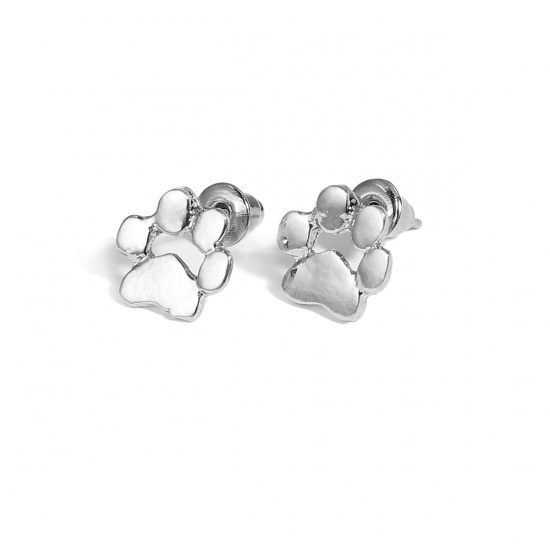 Picture of Ear Post Stud Earrings Silver Tone Bear's Paw Heart 10mm( 3/8") x 10mm( 3/8"), Post/ Wire Size: (21 gauge), 1 Pair
