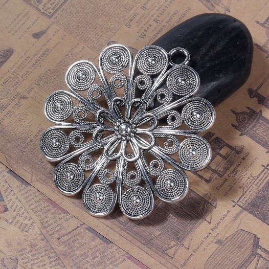 Picture of Zinc Based Alloy Boho Chic Pendants Flower Antique Silver Color Hollow 64mm(2 4/8") x 60mm(2 3/8"), 2 PCs