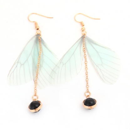 Picture of Gauze Earrings Gold Plated Light Green Butterfly Wing 8.5cm(3 3/8"), Post/ Wire Size: (21 gauge), 1 Pair