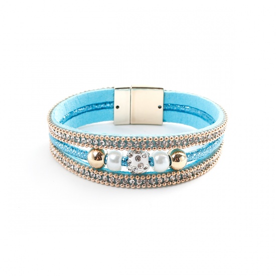 Picture of Velvet & Acrylic Bangles Bracelets Gold Plated Blue White Imitation Pearl Clear Rhinestone 19.5cm(7 5/8") long, 1 Piece
