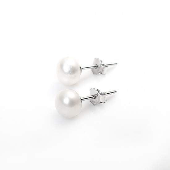 Picture of Sterling Silver & Freshwater Cultured Pearl Ear Post Stud Earrings White Round 7mm( 2/8") Dia. - 6mm( 2/8") Dia, Post/ Wire Size: (20 gauge), 1 Pair