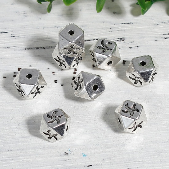 Picture of Zinc Based Alloy Spacer Beads Square Antique Silver Color Star Fish Faceted About 10mm x 10mm, Hole: Approx 1.8mm, 5 PCs