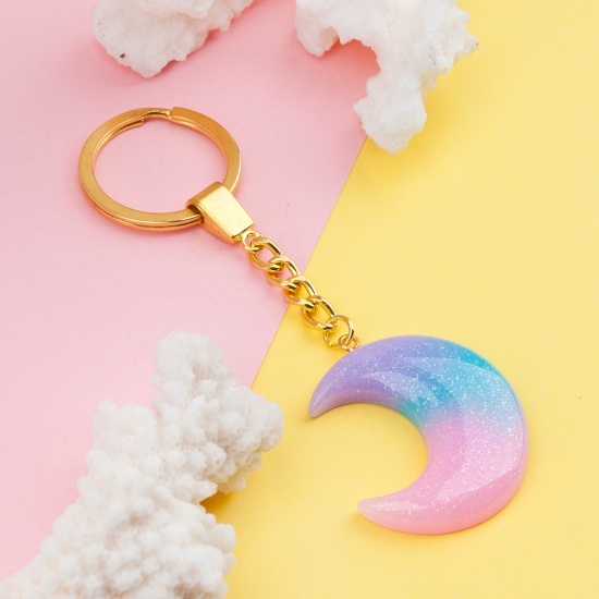 Picture of Resin Keychain & Keyring Half Moon Blue Pink Glitter 10.8cm x 3.7cm, 1 Piece