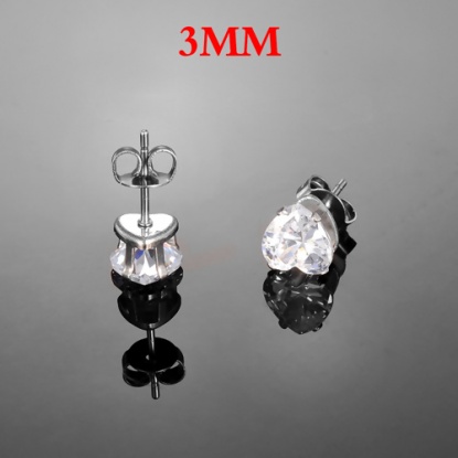 Picture of 304 Stainless Steel Ear Post Stud Earrings Silver Tone Heart Clear Cubic Zirconia Rhinestone 3mm( 1/8") x 3mm( 1/8"), Post/ Wire Size: (20 gauge), 1 Pair