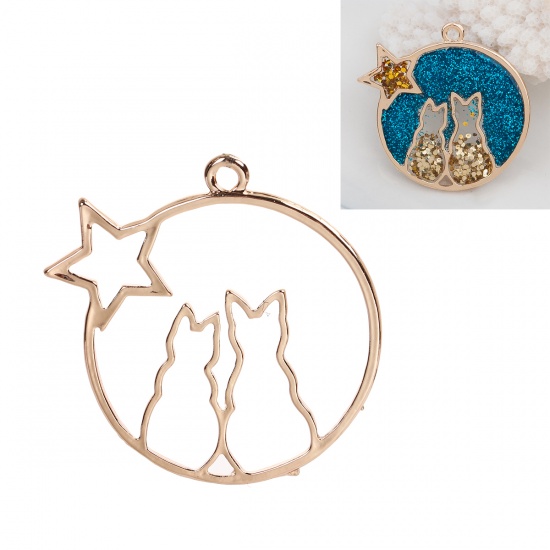 Bild von Zinklegierung Offene Lünette Anhänger für Harz Pentagramm Stern Vergoldet Katze Muster 42mm x 42mm, 1 Stück