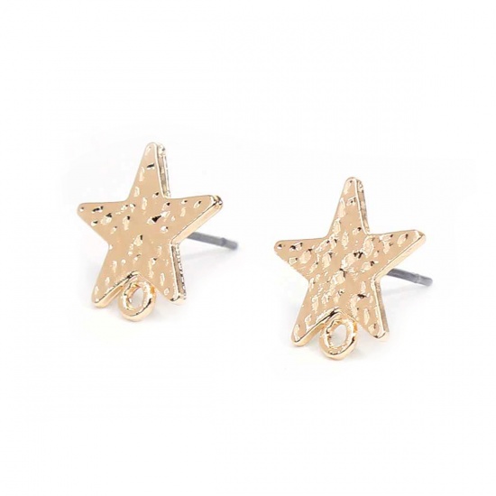 Imagen de Zamak Pendientes Estrellas de cinco puntos Chapado en Oro W/ Lazo 13mm x 11mm, Post/ Wire: (21 gauge), 10 Unidades