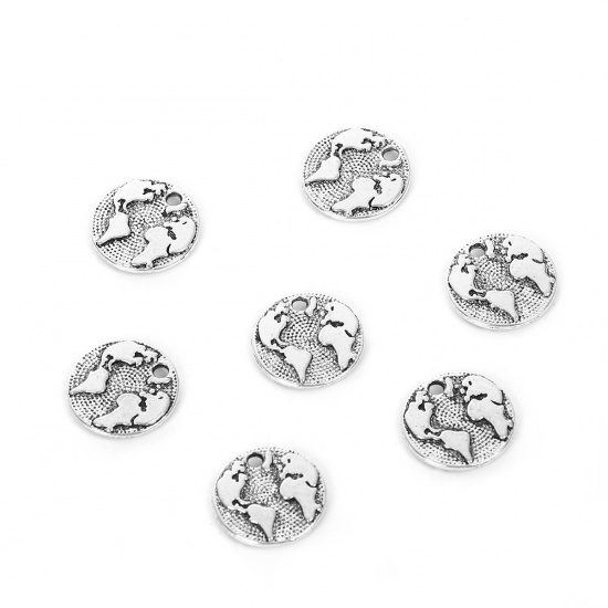 Picture of Zinc Based Alloy Charms Round Antique Silver Travel World Map 15mm( 5/8") Dia, 30 PCs