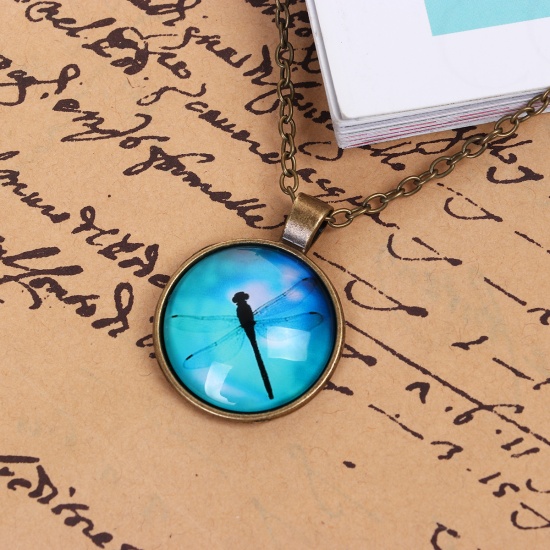 Picture of Glass Necklace Antique Bronze Green Blue Dragonfly Animal Round 48cm(18 7/8") long, 1 Piece