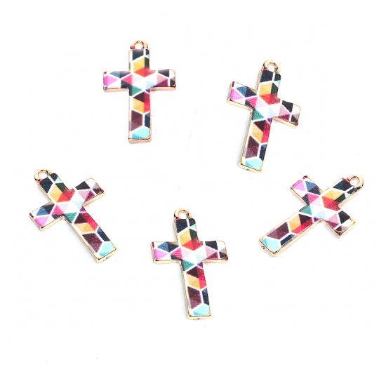 Picture of Zinc Based Alloy Mosaic Charms Cross Gold Plated Multicolor Enamel 28mm(1 1/8") x 17mm( 5/8"), 10 PCs