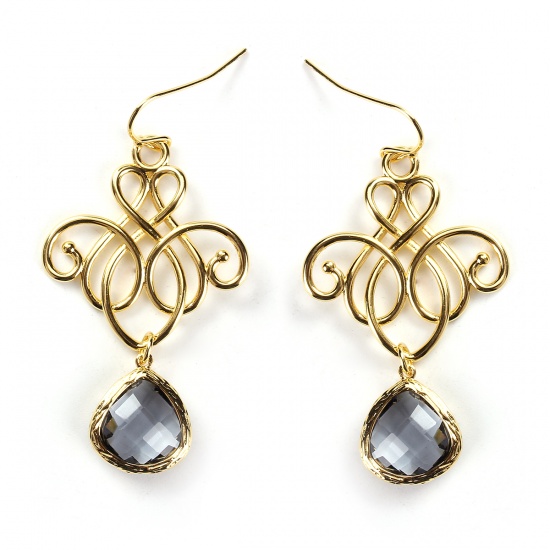 Picture of Copper Earrings Gold Plated Drop Filigree Faceted 60mm(2 3/8") x 30mm(1 1/8"), Post/ Wire Size: (20 gauge), 1 Pair