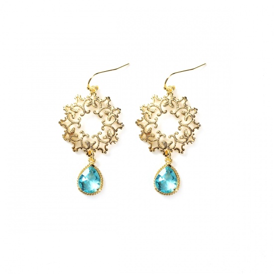 Picture of Copper Earrings Gold Plated Green Blue Drop Filigree Faceted 58mm(2 2/8") x 27mm(1 1/8"), Post/ Wire Size: (20 gauge), 1 Pair